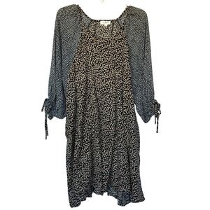 Umgee Micro Animal Print Flowy Dress Long Sleeve Black Tan Dark Cottagecore S